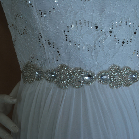 Long Ivory Lace Chiffon Rhines Round Neck Vneck - Picture 4 of 6